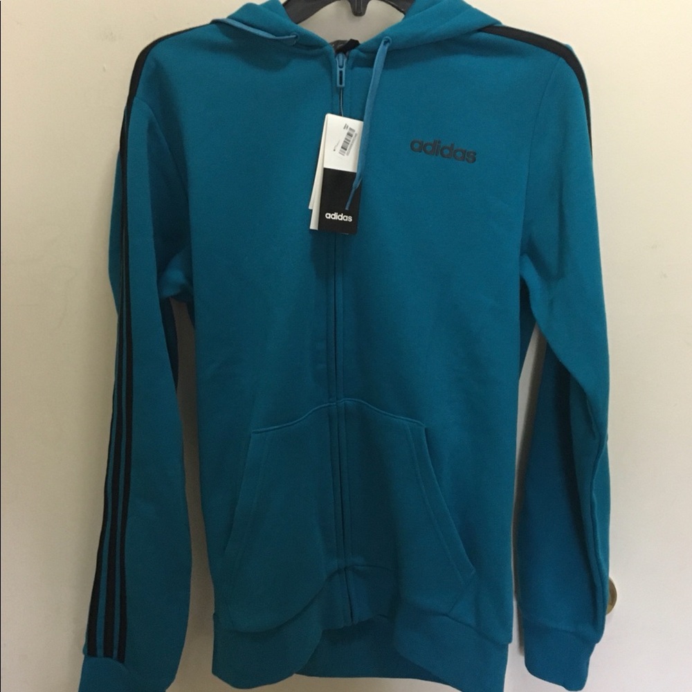 Turquoise Cotton Adidas Hoodie with black stripes